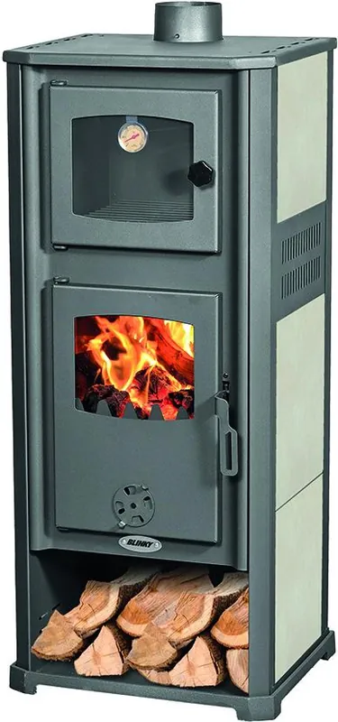 Stufa a Legna con Forno ROMA S Blinky 11,3 kW in Acciaio e Ceramica, Avorio, Porta in Vetro, Ø Tubo Esclusivo