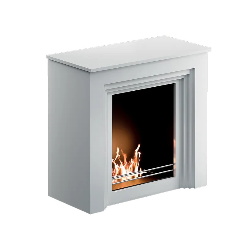 Edizione Limitata Biocamino pavimento Falcade Bianco 2 kW – struttura in legno assemblata, vetro frontale – Tecno Air