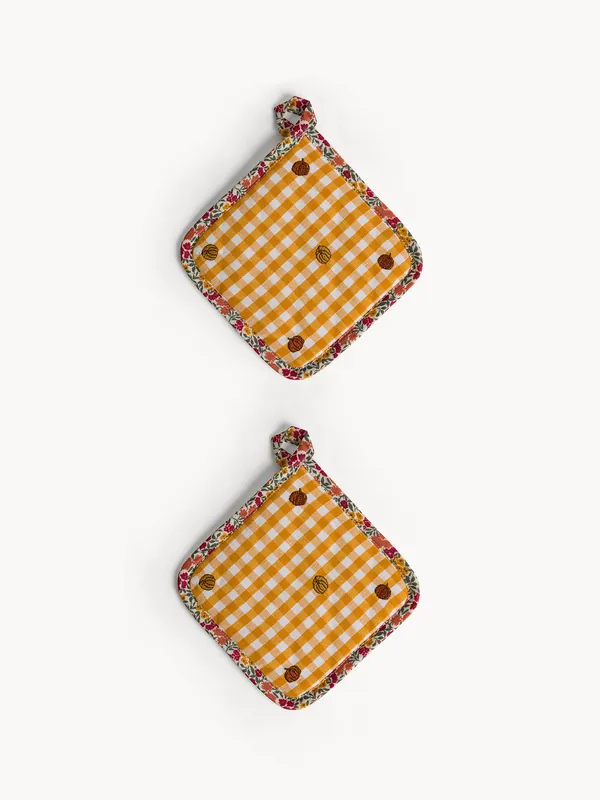 Set 2 presine in puro cotone tinto filo motivo check e ricamo zucche allover Spedizione Mondiale