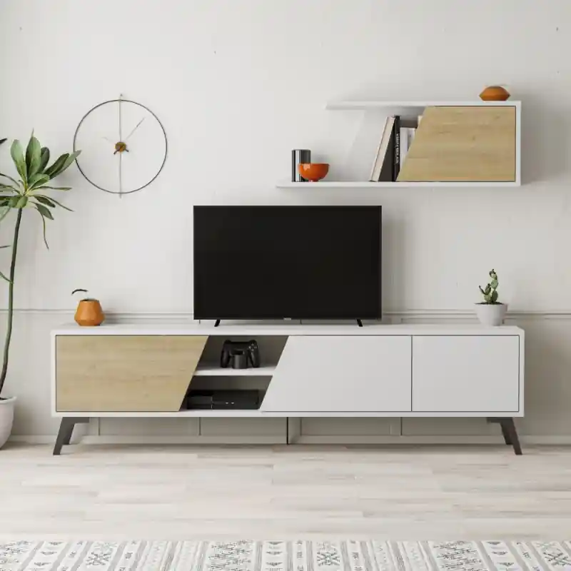 Edizione Limitata Porta TV Fiona bianco anta rovere con mensola moderno salotto