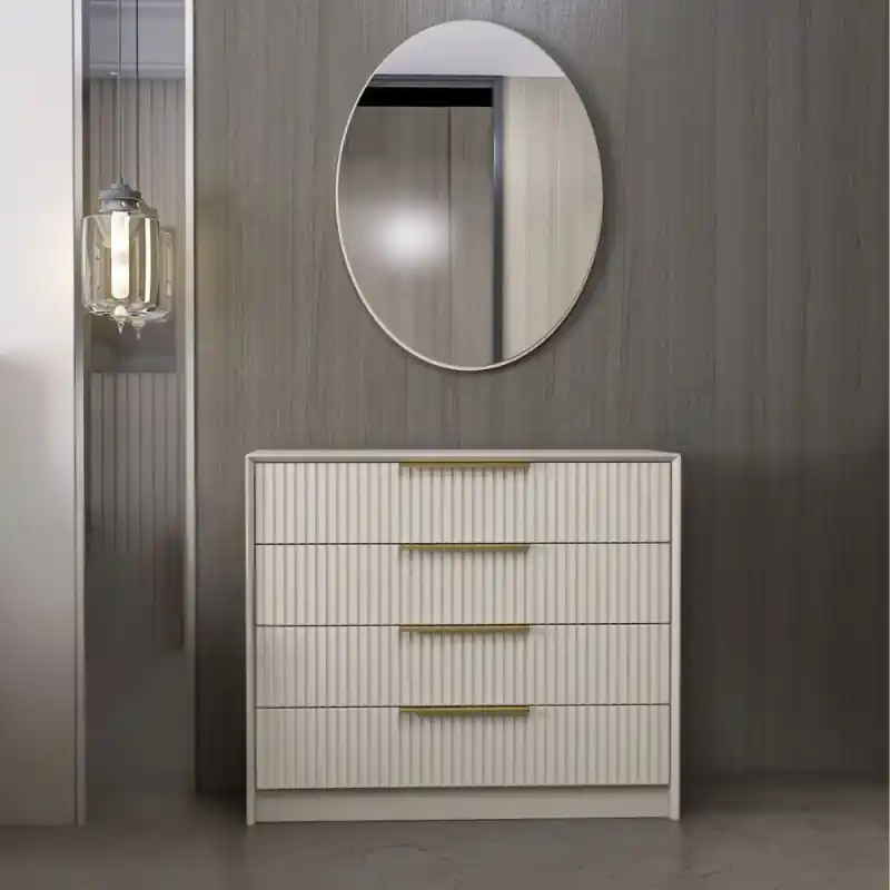 Cassettiera Kale 4 cassetti effetto cannettato cashmere con specchio Nuova Collezione