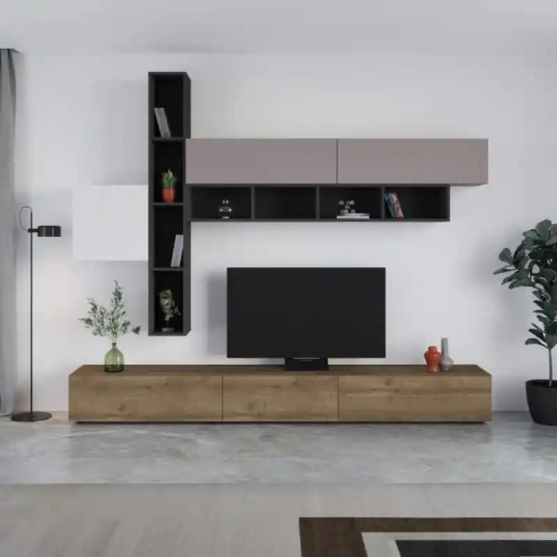 Parete attrezzata Fashion base noce pensili antracite bianco Prezzo Basso