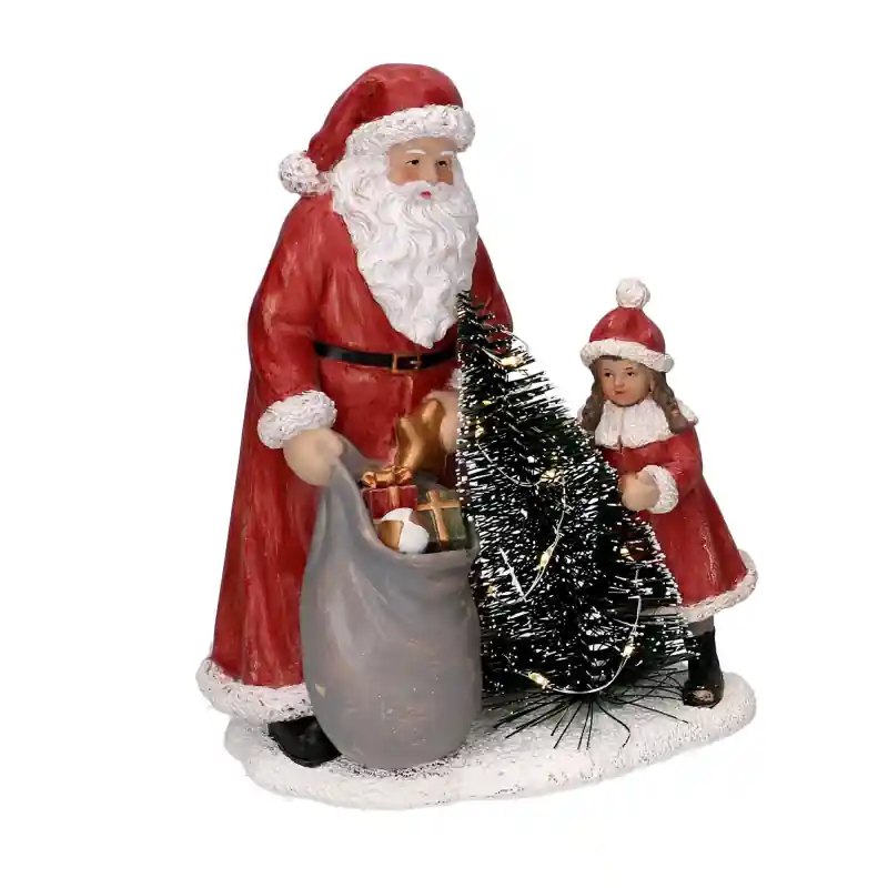 Statua resina Babbo Natale con bambina rosso LED 15x11x18,5 cm Fatto A Mano