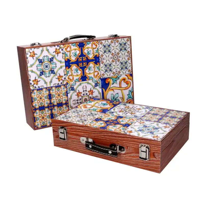 Ultime Pezzi Scatola valigia legno blu bordo marrone 34x9,3x24cm decorativa